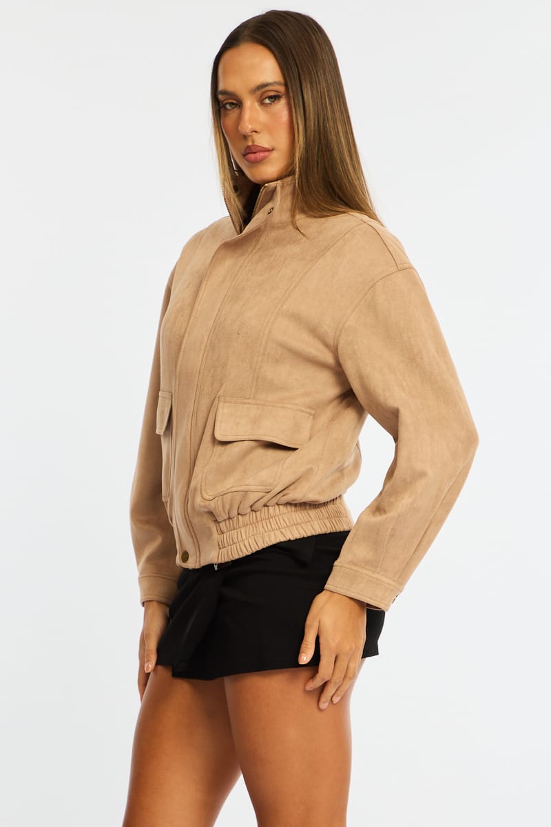 Beige Bomber Jacket Suede