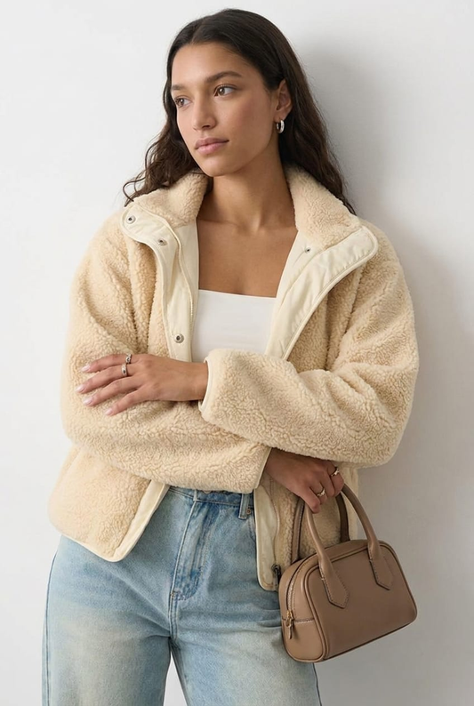 Beige Sherpa High Neck Jacket Teddy