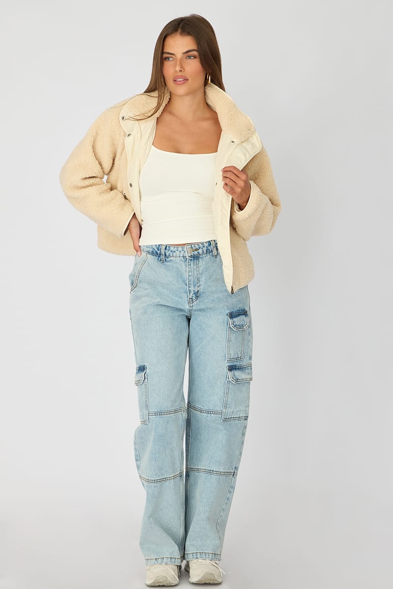 Beige Sherpa High Neck Jacket Teddy