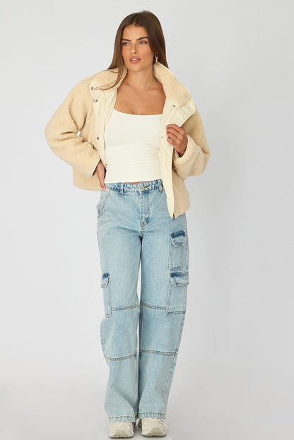 Beige Sherpa High Neck Jacket Teddy