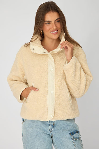 Beige Sherpa High Neck Jacket Teddy