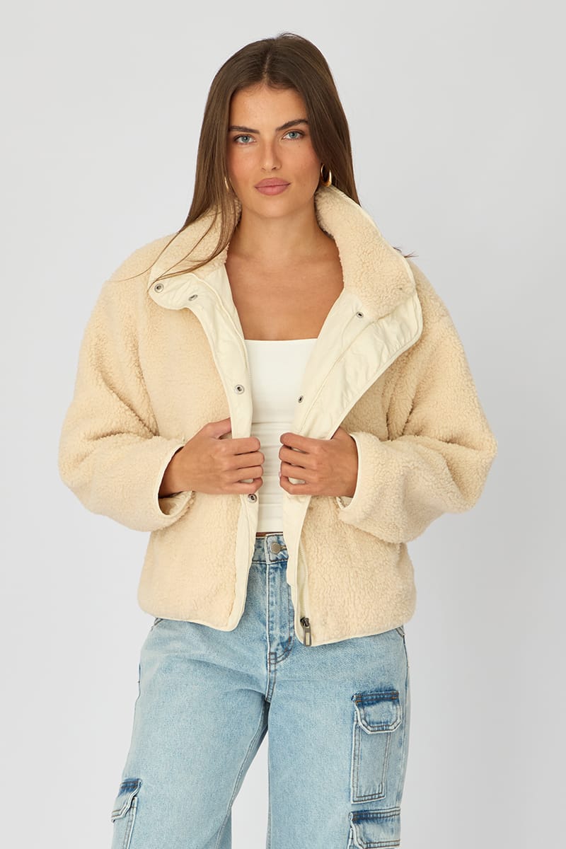 Beige Sherpa High Neck Jacket Teddy