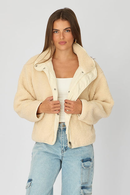 Beige Sherpa High Neck Jacket Teddy