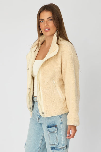 Beige Sherpa High Neck Jacket Teddy