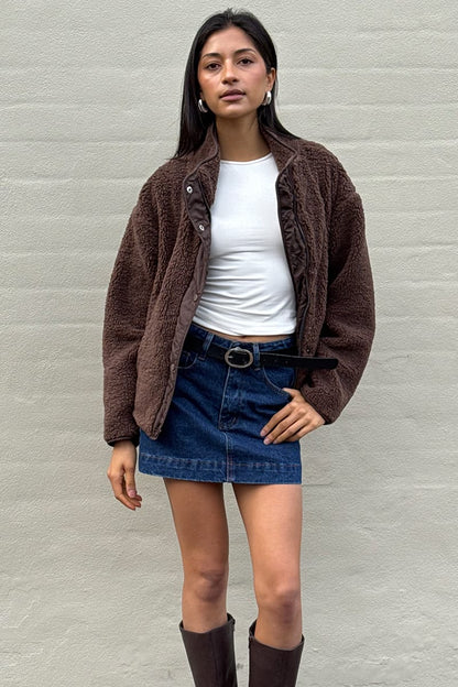 Brown Sherpa High Neck Jacket Teddy