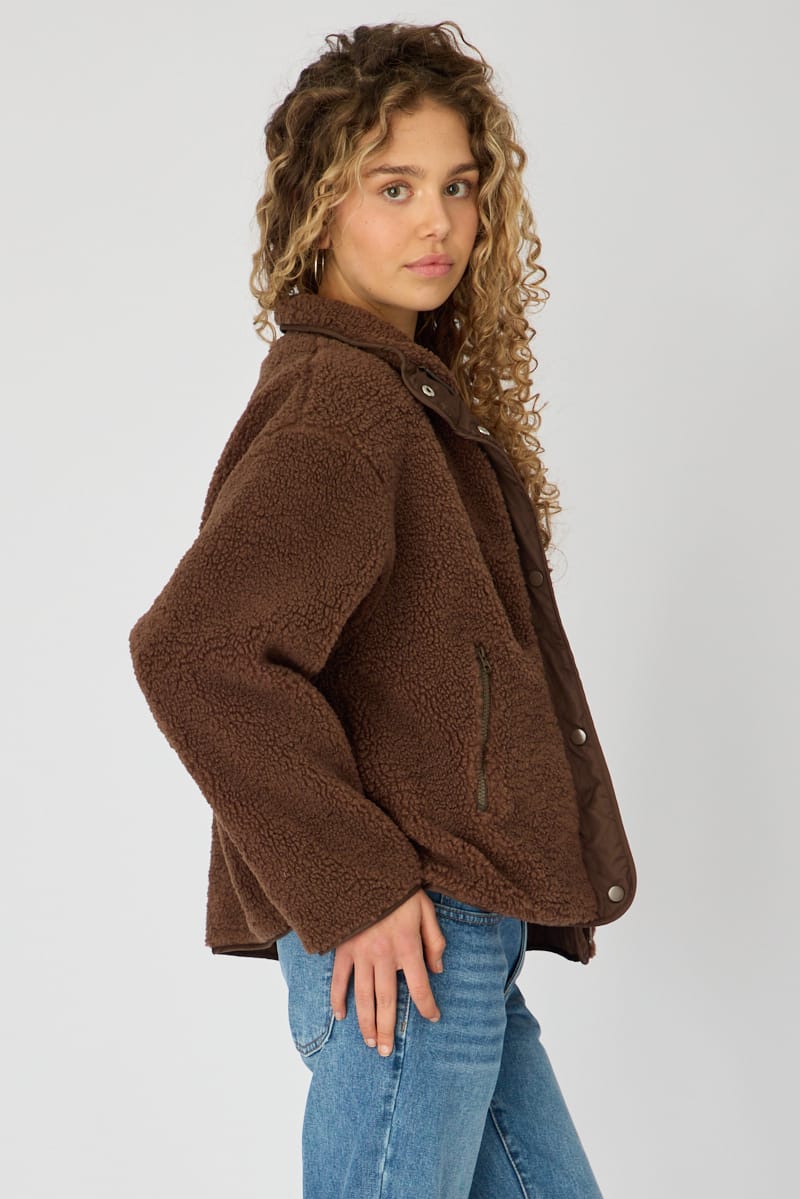 Brown Sherpa High Neck Jacket Teddy